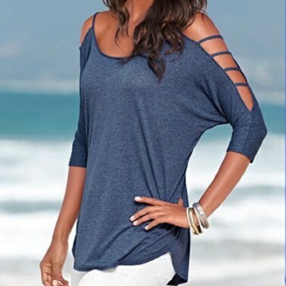 VENUS Tops - Venus Blue Strappy Shoulder. Cold Shoulder. 3/4
